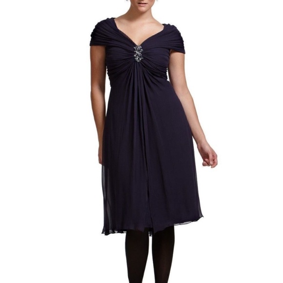 NWT Tadashi Shoji Dress 22 Q 3X Silk Midi Ruched Wedding Navy Classic Formal - Picture 1 of 16